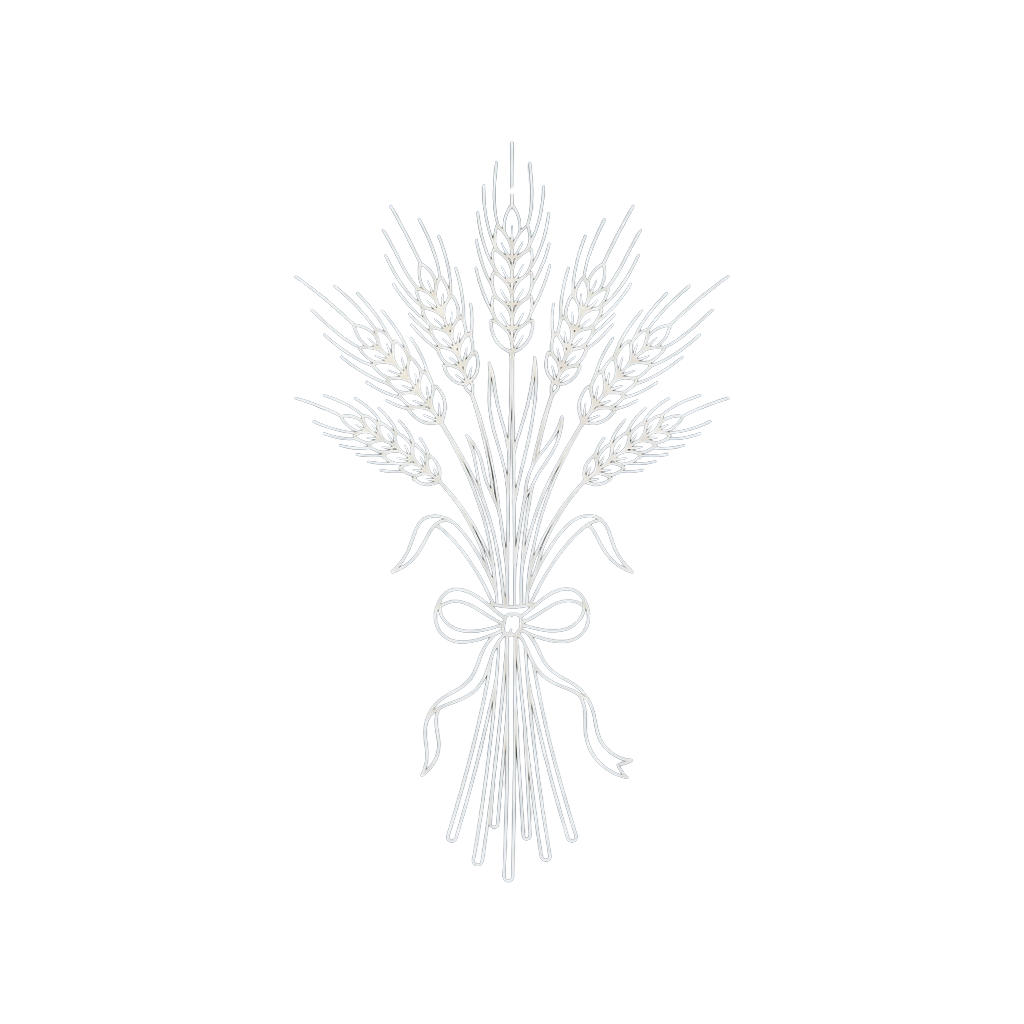 A white line drawing of a wheat sheaf bundle tied with a decorative ribbon.