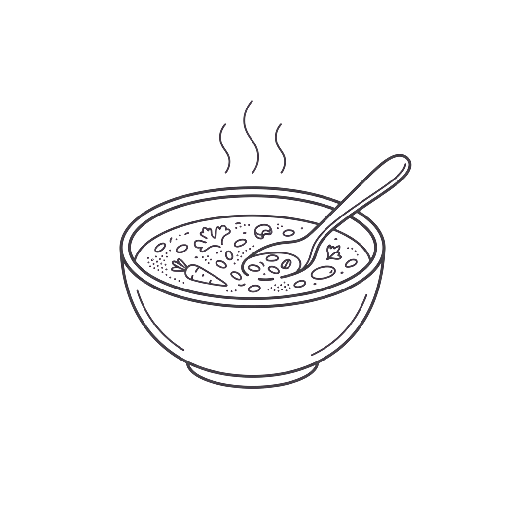 A simple line drawing of a bowl of steaming noodle soup with vegetables and a spoon.