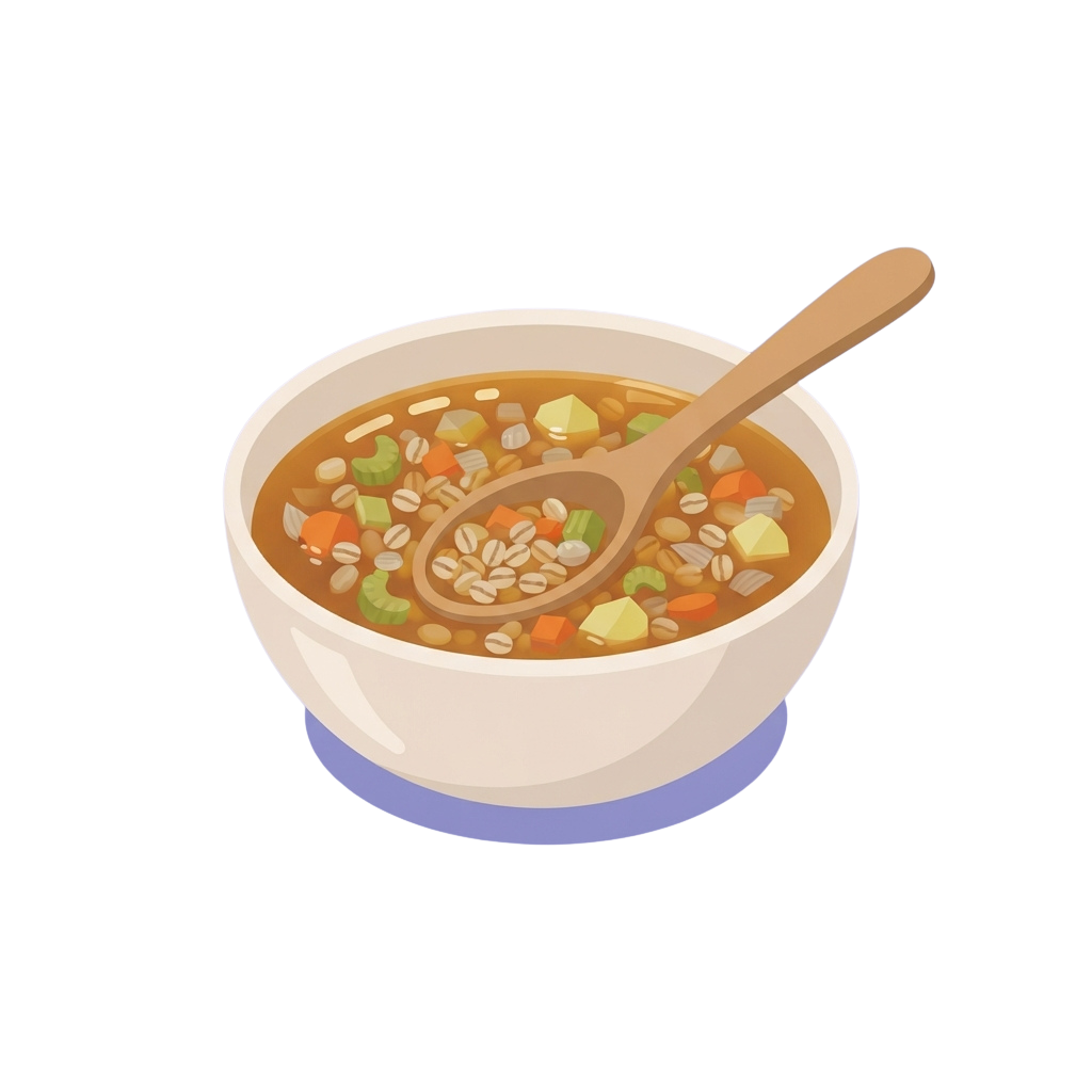 A white bowl filled with hearty vegetable soup and a wooden spoon resting inside.