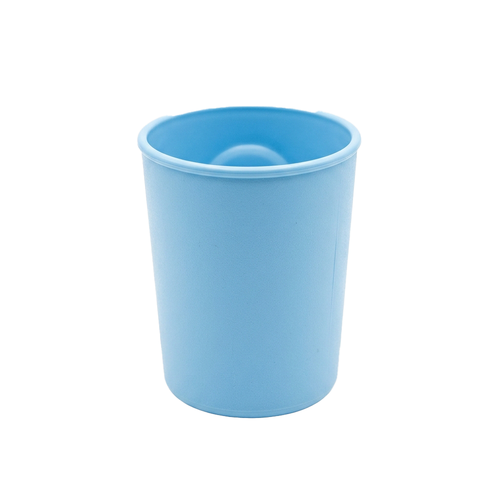 A light blue plastic disposable cup with a smooth rim and rounded interior