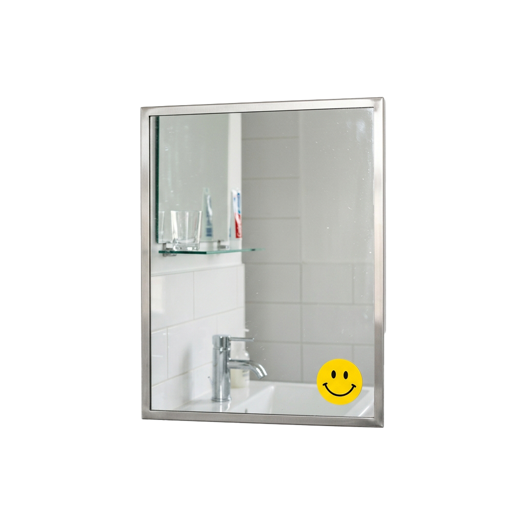 A rectangular mirror showing a bathroom with white tiles, a chrome faucet, and a shelf with toiletries.