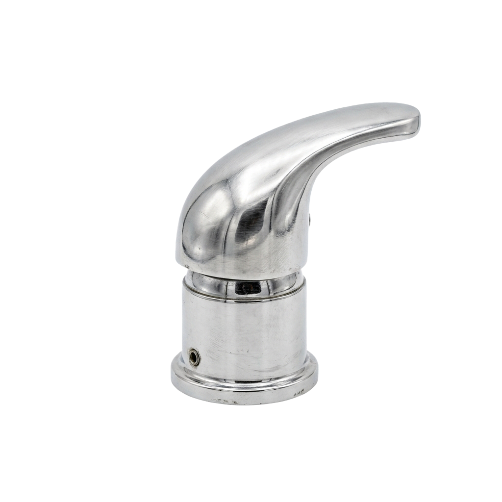 A single chrome-colored curved faucet handle with a smooth, ergonomic design.