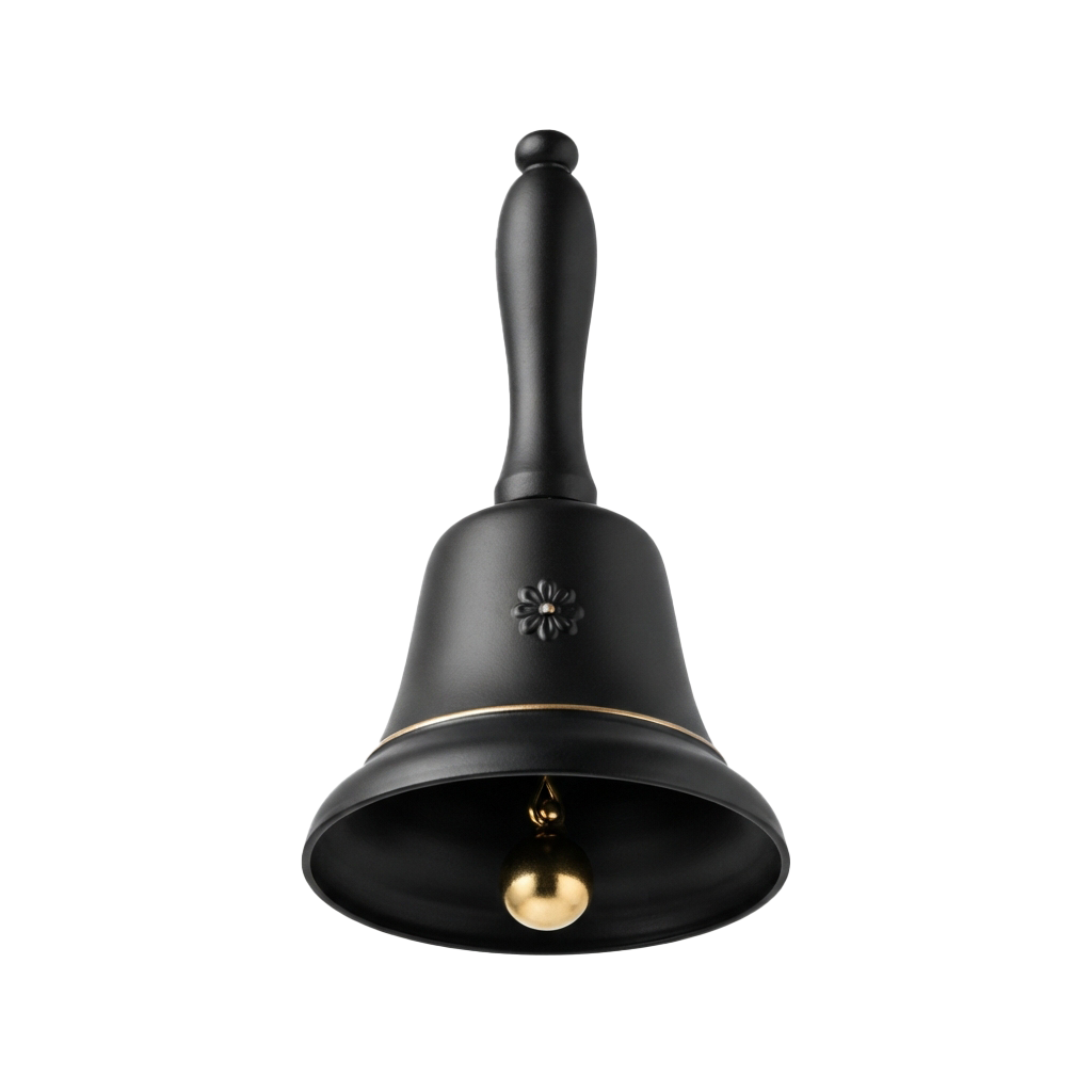 A black ceramic bell with a floral emblem and gold accents hanging from a clapper