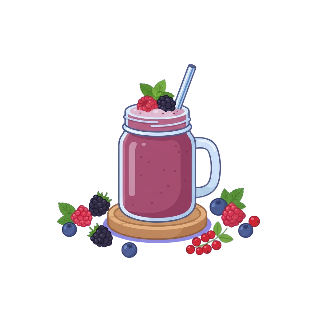 A mason jar filled with a berry smoothie topped with whipped cream and fresh berries on a wooden coaster with loose berries around it