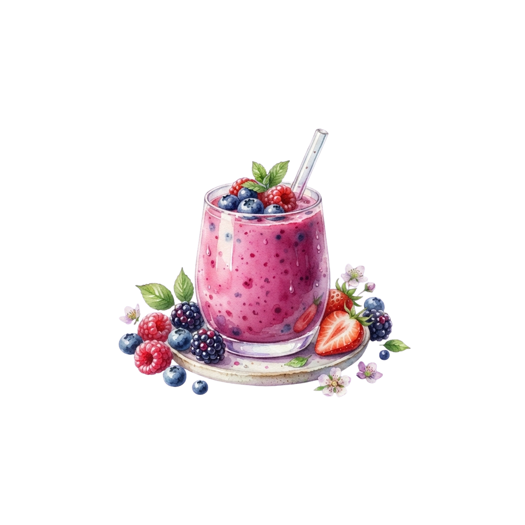 A glass of pink berry smoothie topped with fresh berries and a straw, placed on a plate with whole berries and a sliced strawberry