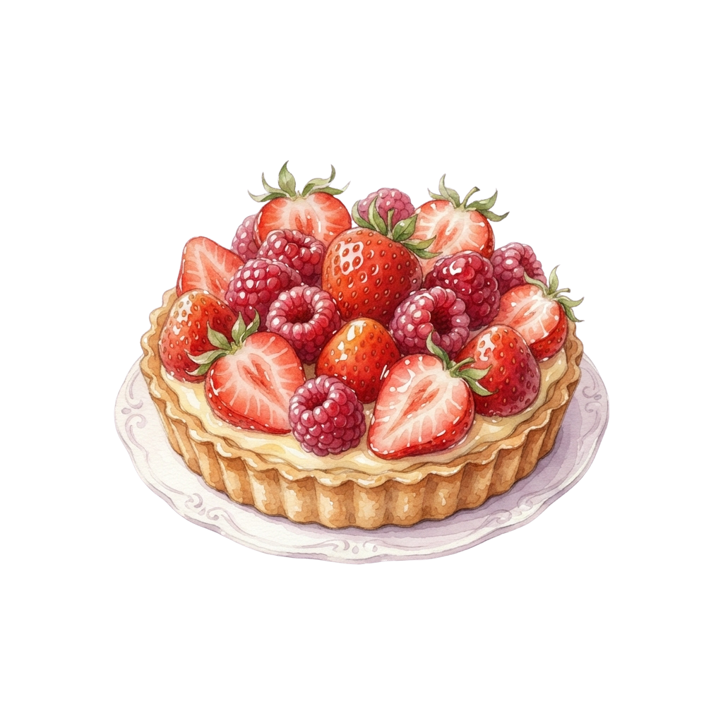 A visually appealing tart topped with fresh strawberries and raspberries on a decorative white plate