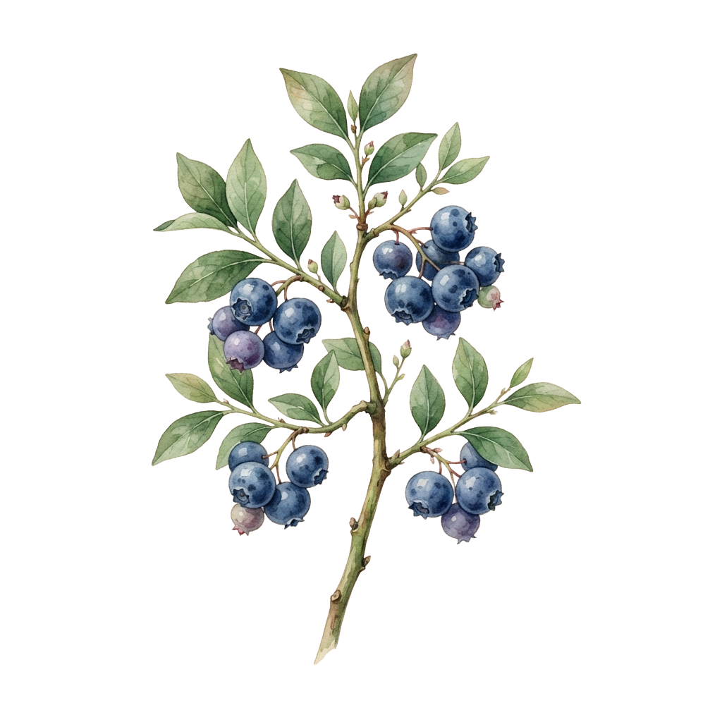 Illustration of a branch with green leaves and clusters of blueberries