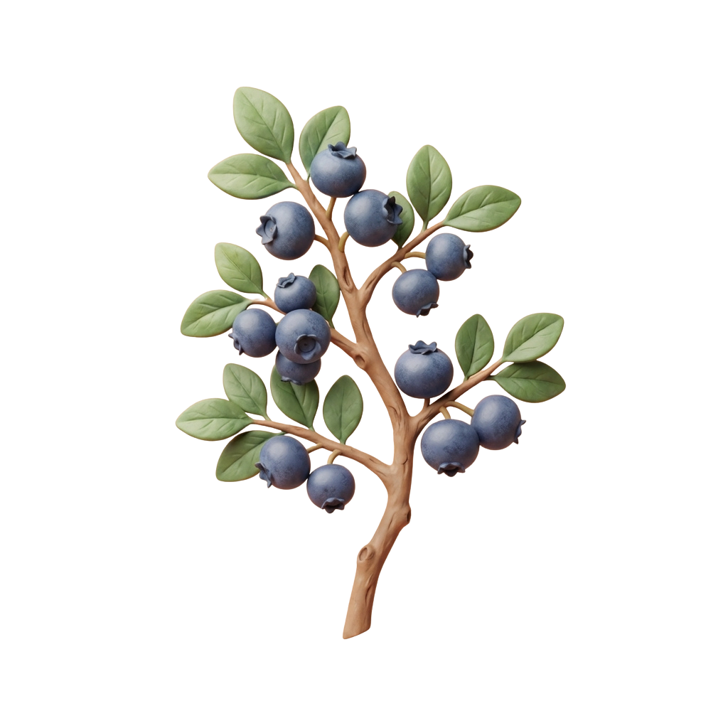 A branch with fresh blueberries and green leaves against a black background