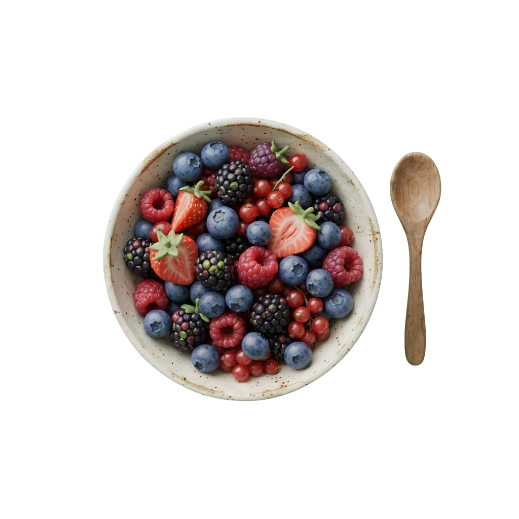 A white bowl filled with a colorful assortment of fresh berries including blueberries, raspberries, blackberries, and strawberries, with a wooden spoon beside it