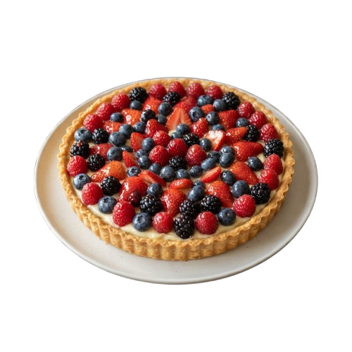 A round fruit tart topped with fresh raspberries, blackberries, and blueberries on a white plate