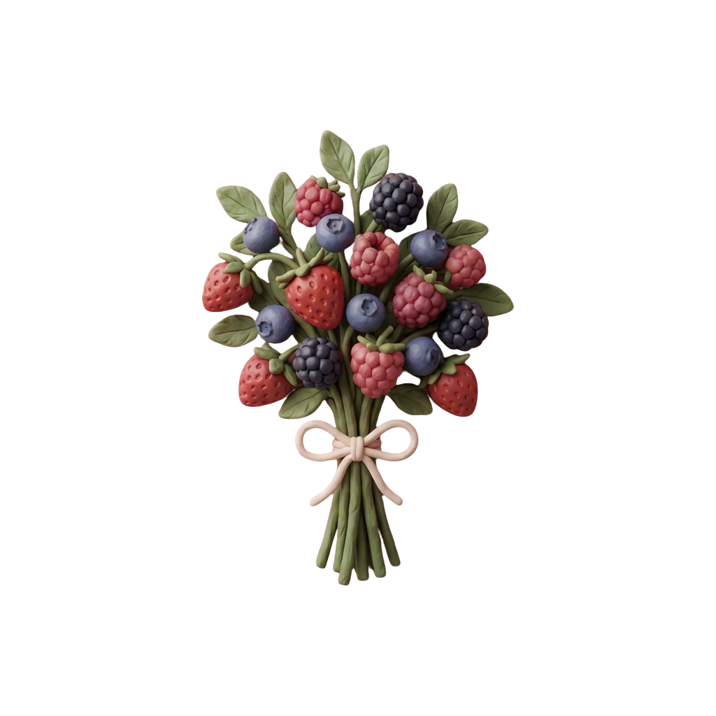 A 3D bouquet featuring strawberries, raspberries, and blueberries tied with a white ribbon.