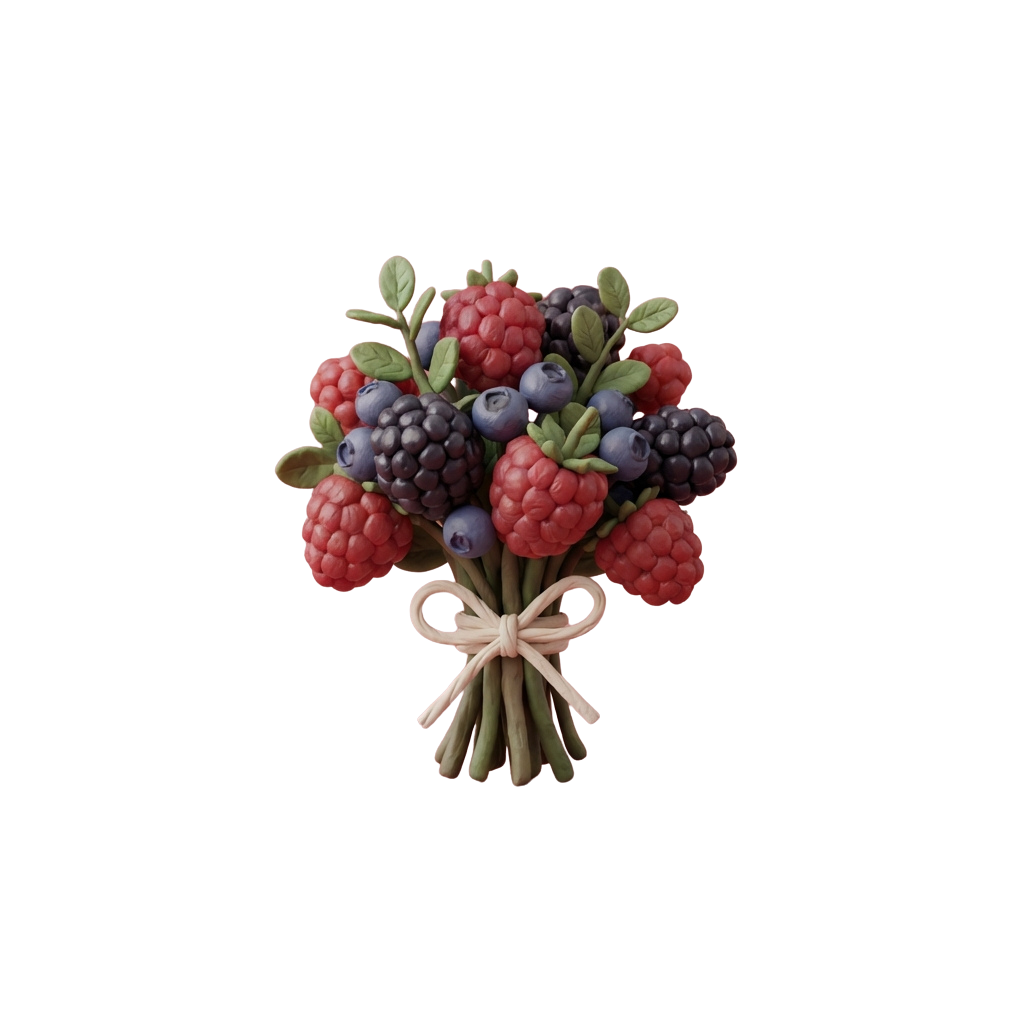 A decorative brooch featuring a cluster of berries including raspberries, blackberries, and blueberries tied with a light ribbon.