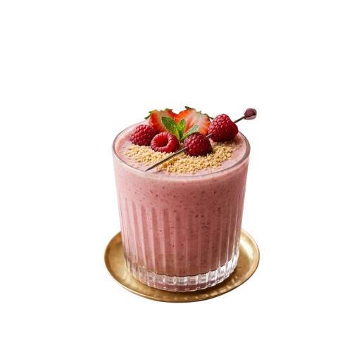 A glass of raspberry smoothie topped with granola and fresh raspberries on a gold plate