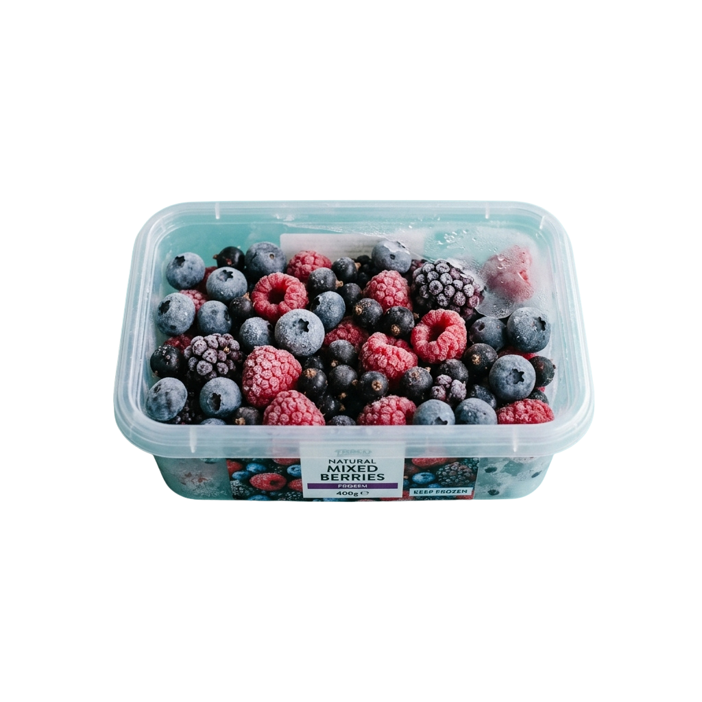 A clear plastic container filled with frozen mixed berries including blueberries, raspberries, and blackberries.