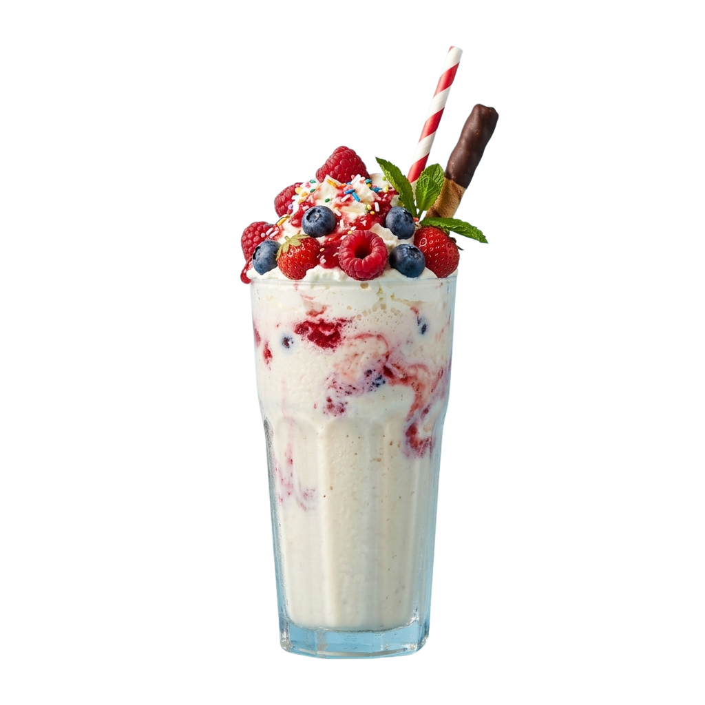A tall glass of creamy smoothie topped with berries, granola, and a chocolate straw