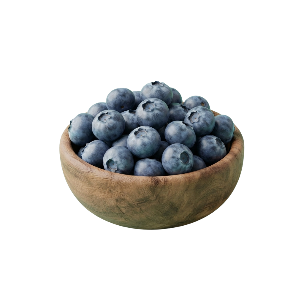 A wooden bowl filled with fresh blueberries