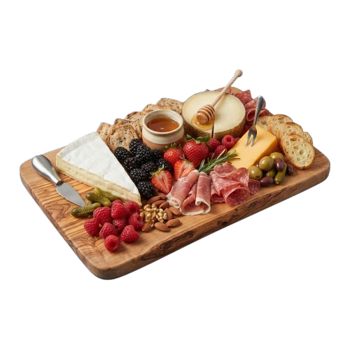 Wooden board with assorted cheeses, cured meats, fresh berries, nuts, olives, honey, and crackers