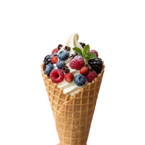 A waffle cone filled with vanilla ice cream topped with mixed fresh berries and chocolate chips