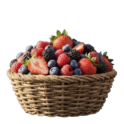 A wicker basket filled with fresh strawberries, blueberries, raspberries, and blackberries