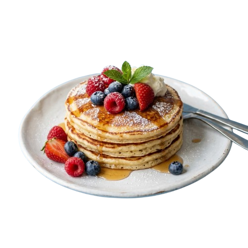 A stack of fluffy pancakes topped with fresh berries, whipped cream, and mint garnish on a white plate