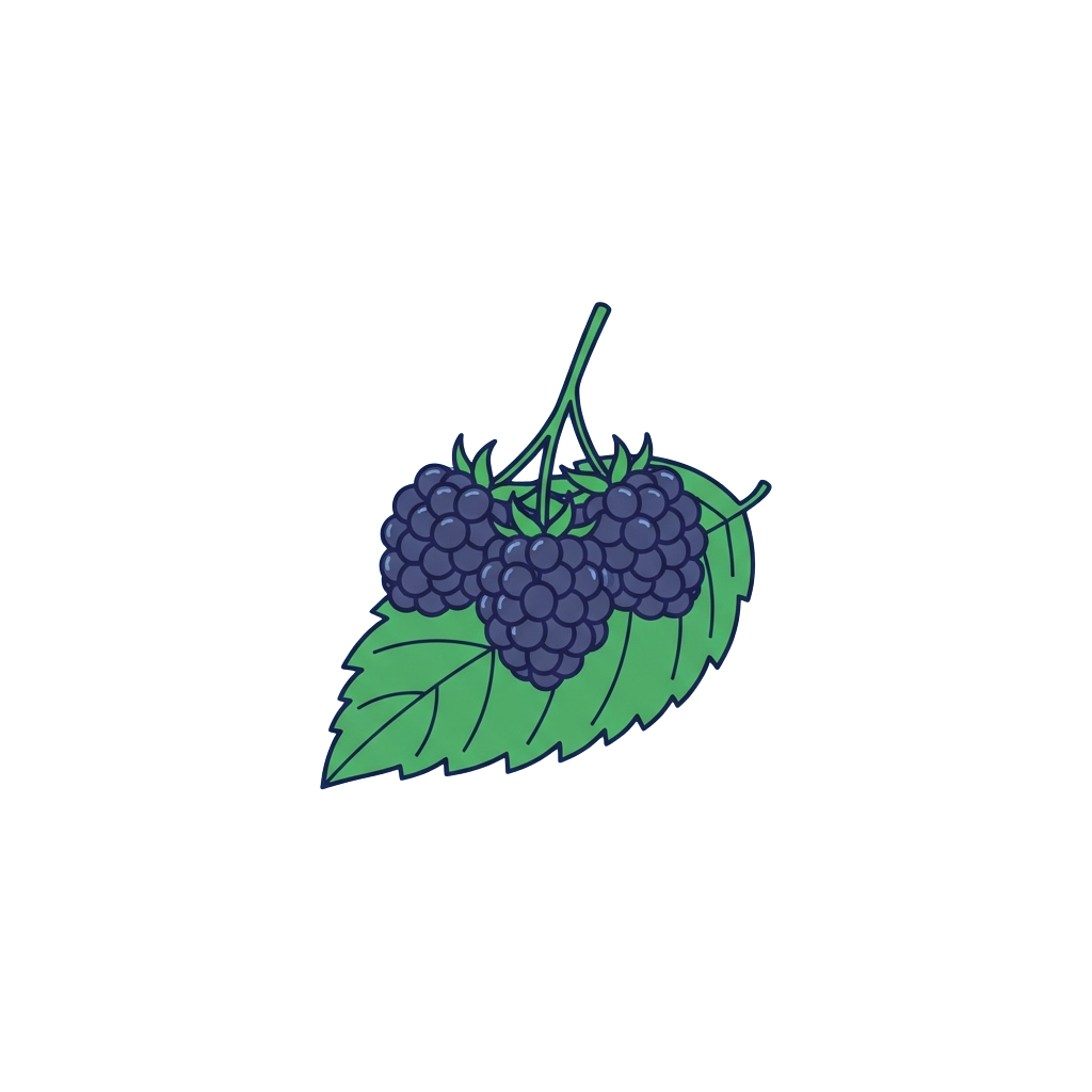 Illustration of a cluster of blackberries attached to a green leaf and stem