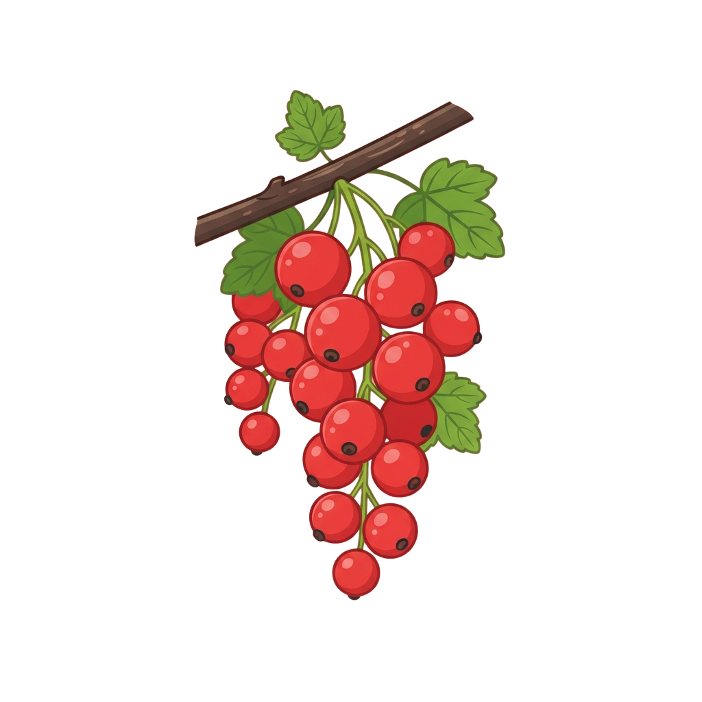 A cluster of bright red gooseberries hanging from a branch with green leaves