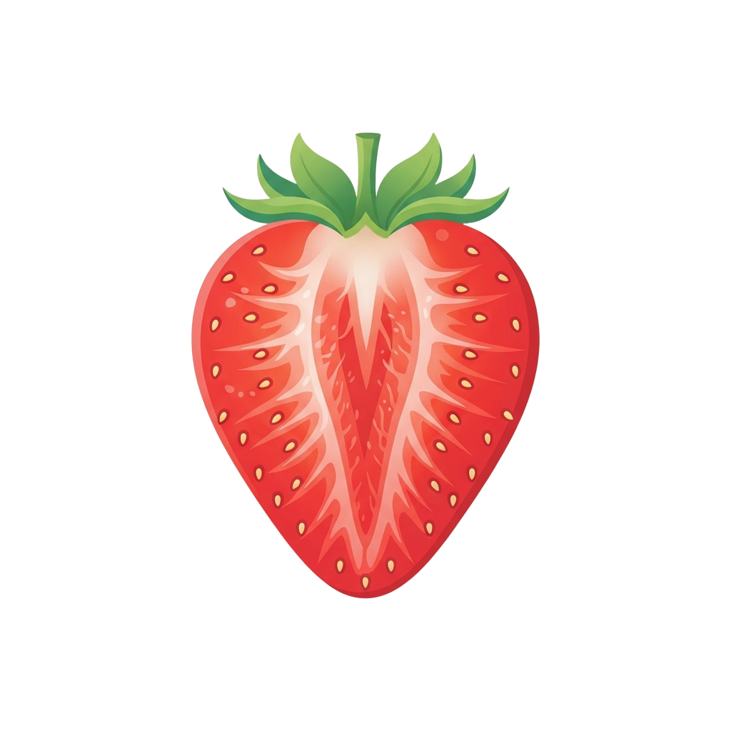 A cut strawberry showing its red interior with seeds and green leafy top against a black background