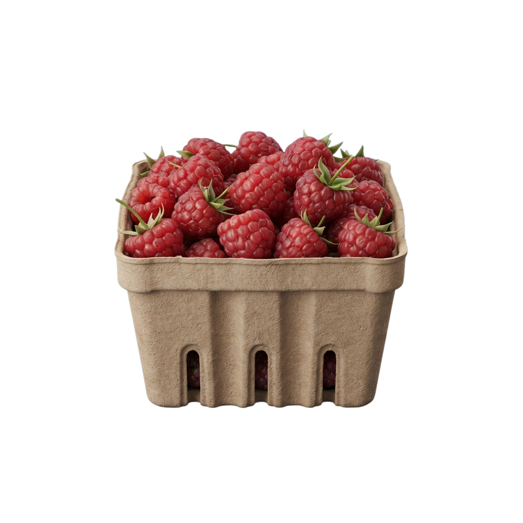 A cardboard basket filled with bright red raspberries.