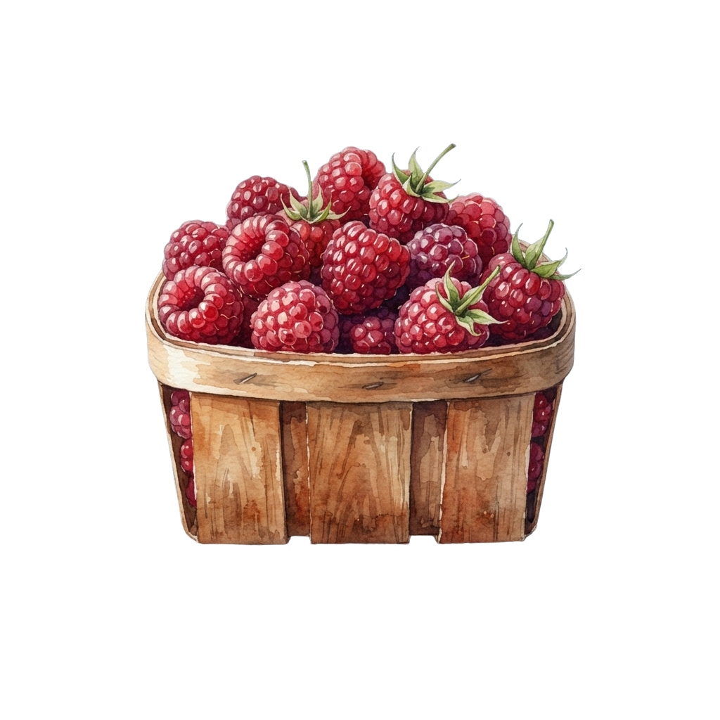 A wooden basket filled with ripe red raspberries