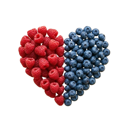 Heart shape made of red raspberries on the left and blue blueberries on the right against black background