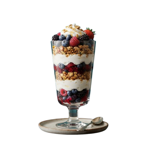 A glass jar filled with layered yogurt, mixed berries, and granola on a wooden plate with a spoon.