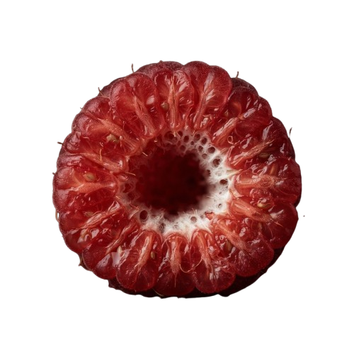 Close-up of a sliced strawberry showing its red flesh, white seeds, and central core