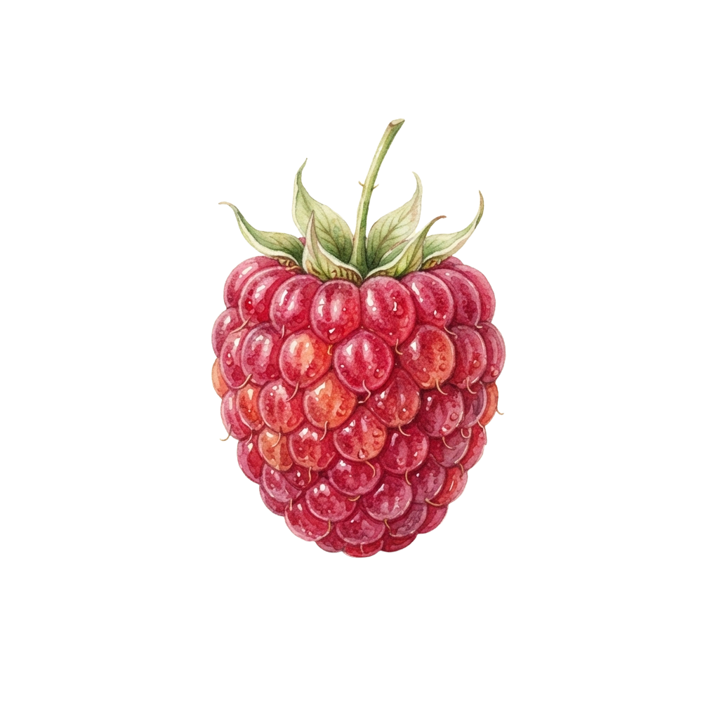 A detailed illustration of a single ripe red raspberry with green leaves on top against a black background