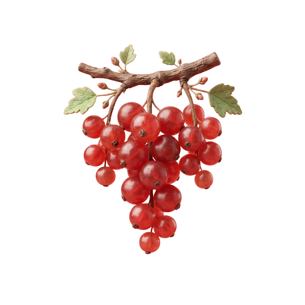 A cluster of bright red gooseberries hanging from a brown branch with green leaves.
