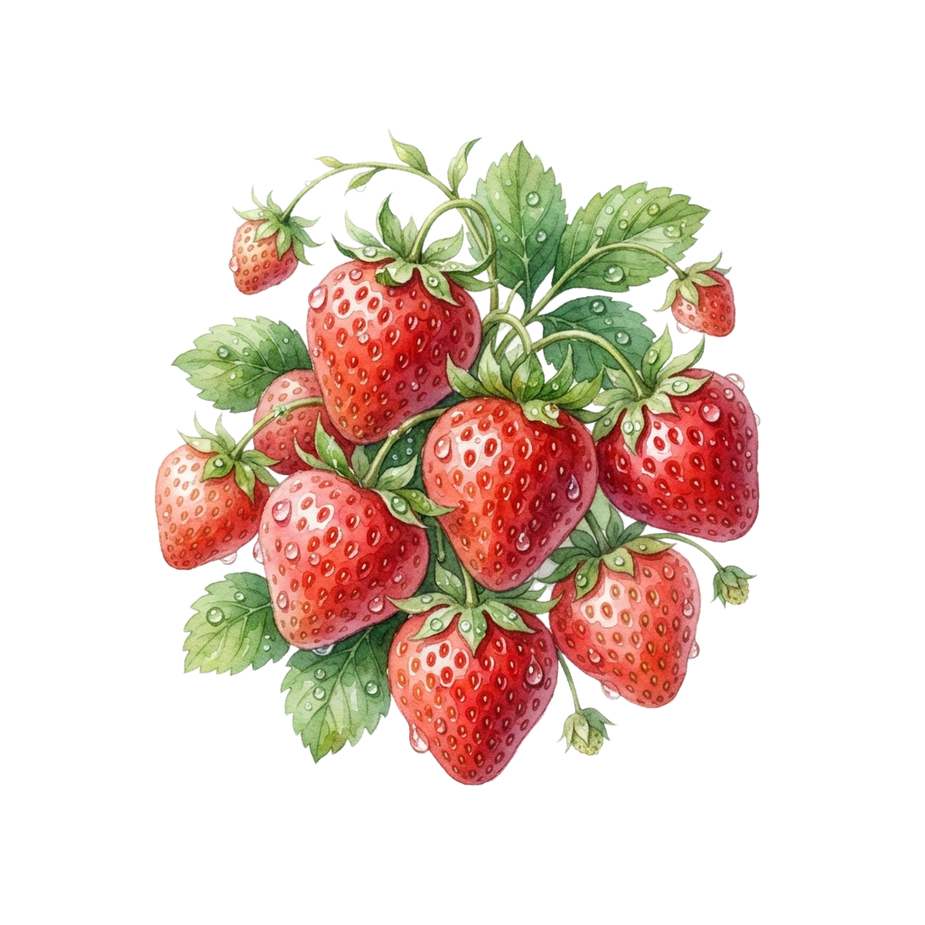 Cluster of ripe red strawberries with green leaves and dew drops on black background