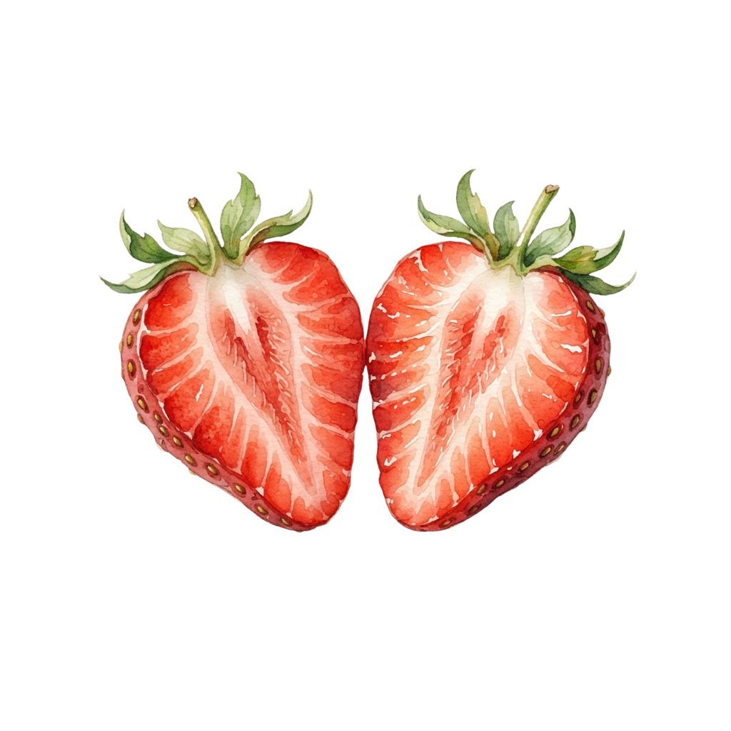 Two halved strawberries with green leaves and white seeds displayed against a black background