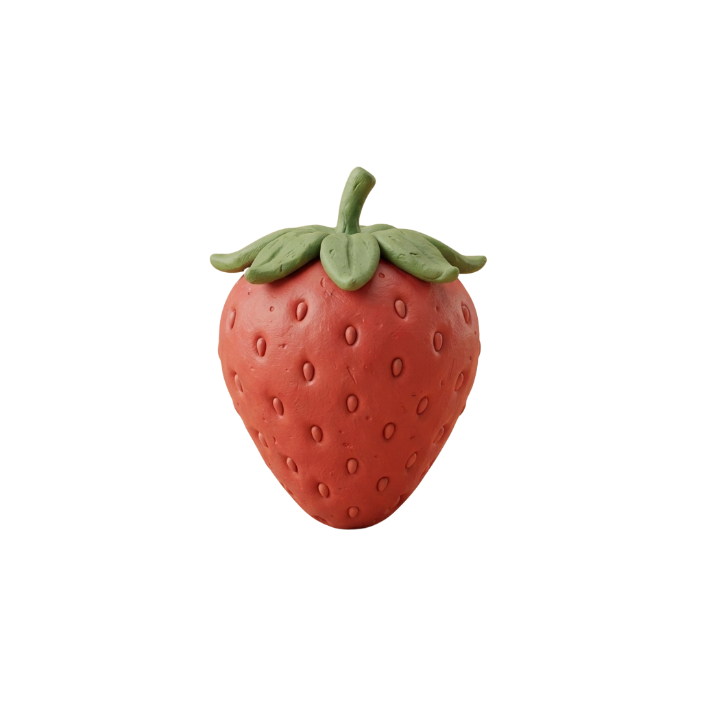 A detailed 3D rendering of a bright red strawberry with green leaves and stem against a black background