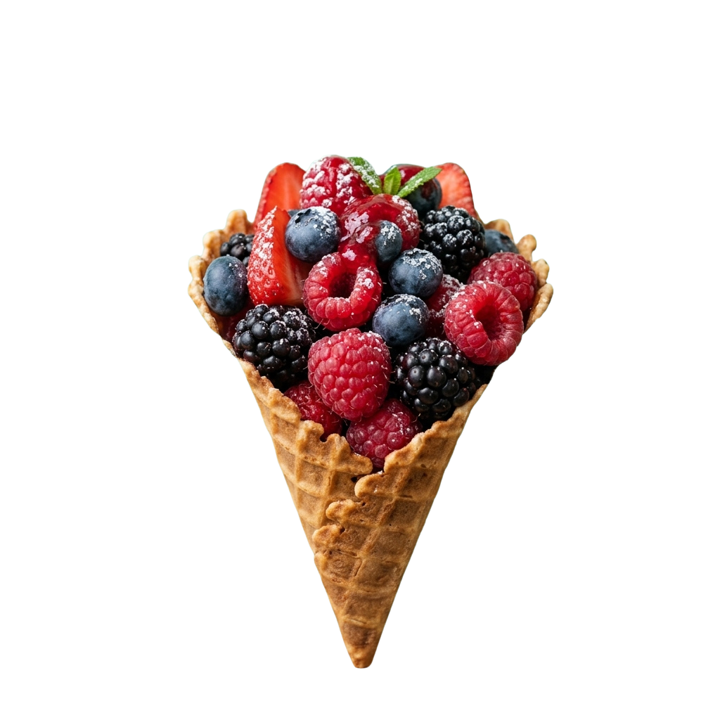 A golden waffle cone filled with mixed fresh berries including raspberries, blackberries, and blueberries