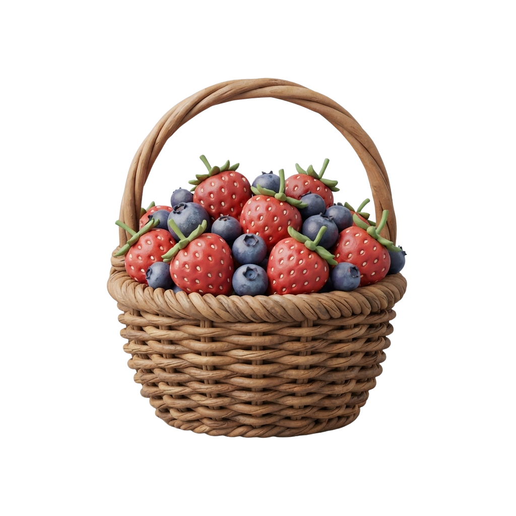 A wicker basket filled with ripe red strawberries and blue blueberries