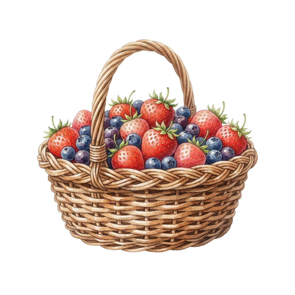 A woven basket filled with ripe strawberries and blueberries