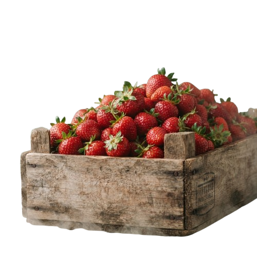 A wooden crate filled with ripe red strawberries.