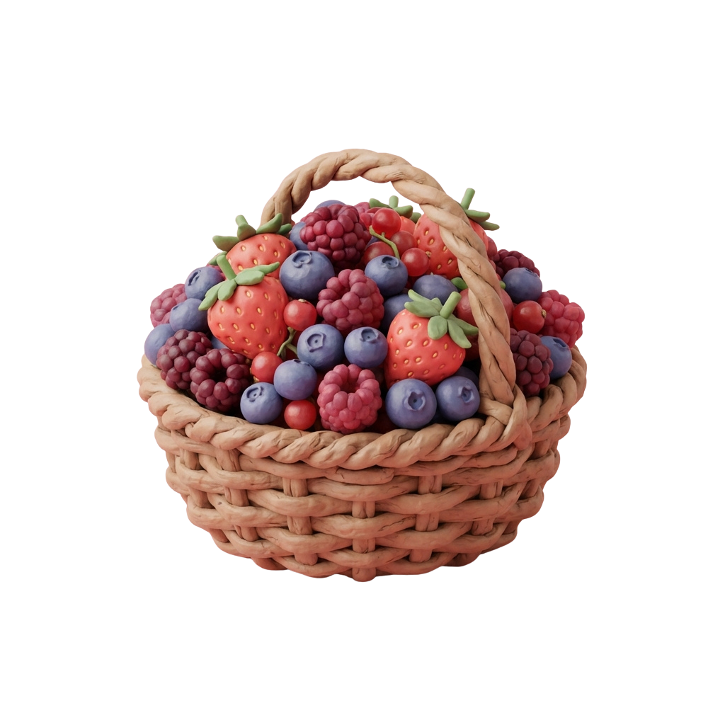 A woven wicker basket filled with strawberries, blueberries, raspberries, and blackberries