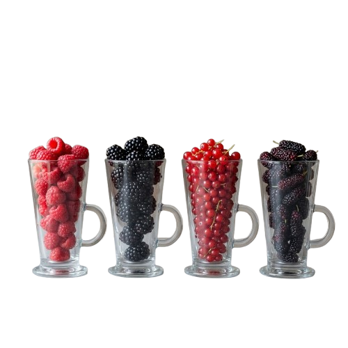Four clear glass mugs filled with raspberries, blackberries, and red currants against a black background