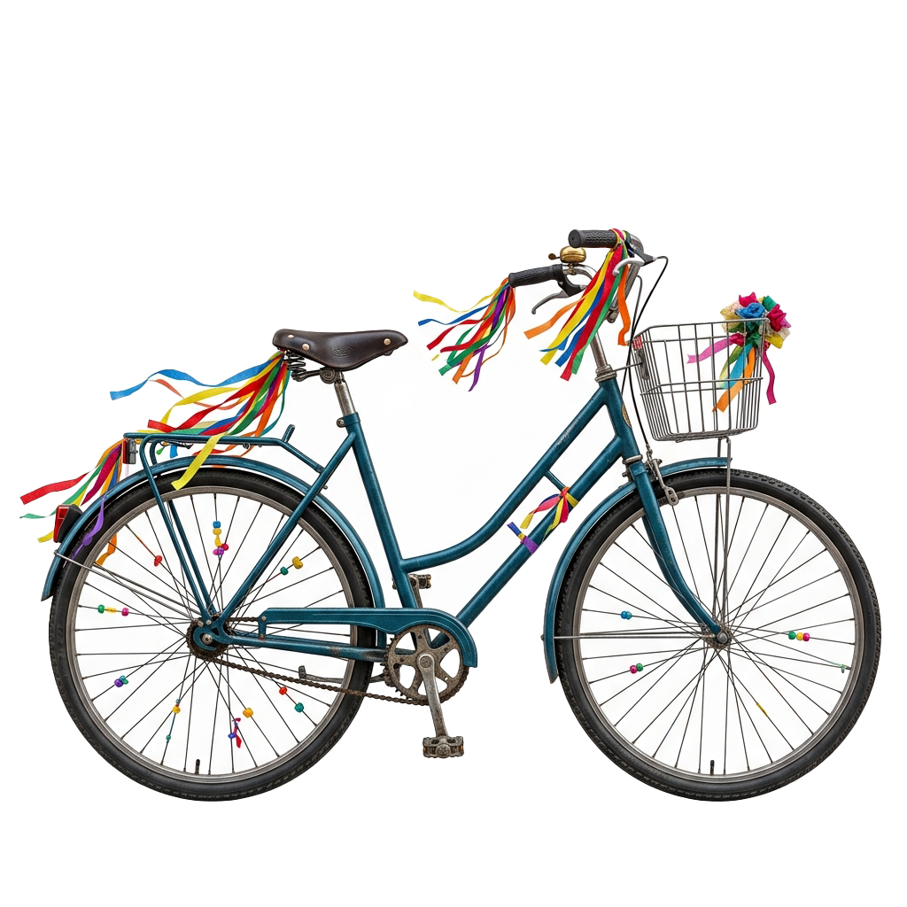 Decorated turquoise bicycle with colorful ribbons, streamers, and flowers on handlebars and basket