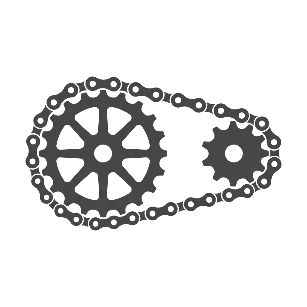 Two interlocking gears connected by a chain, shown in grayscale 3D rendering.