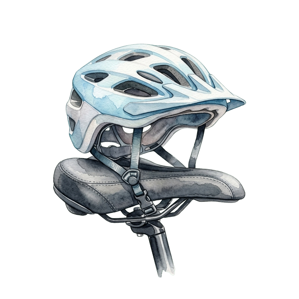 A white and blue cycling helmet placed on a black bicycle seat with straps.