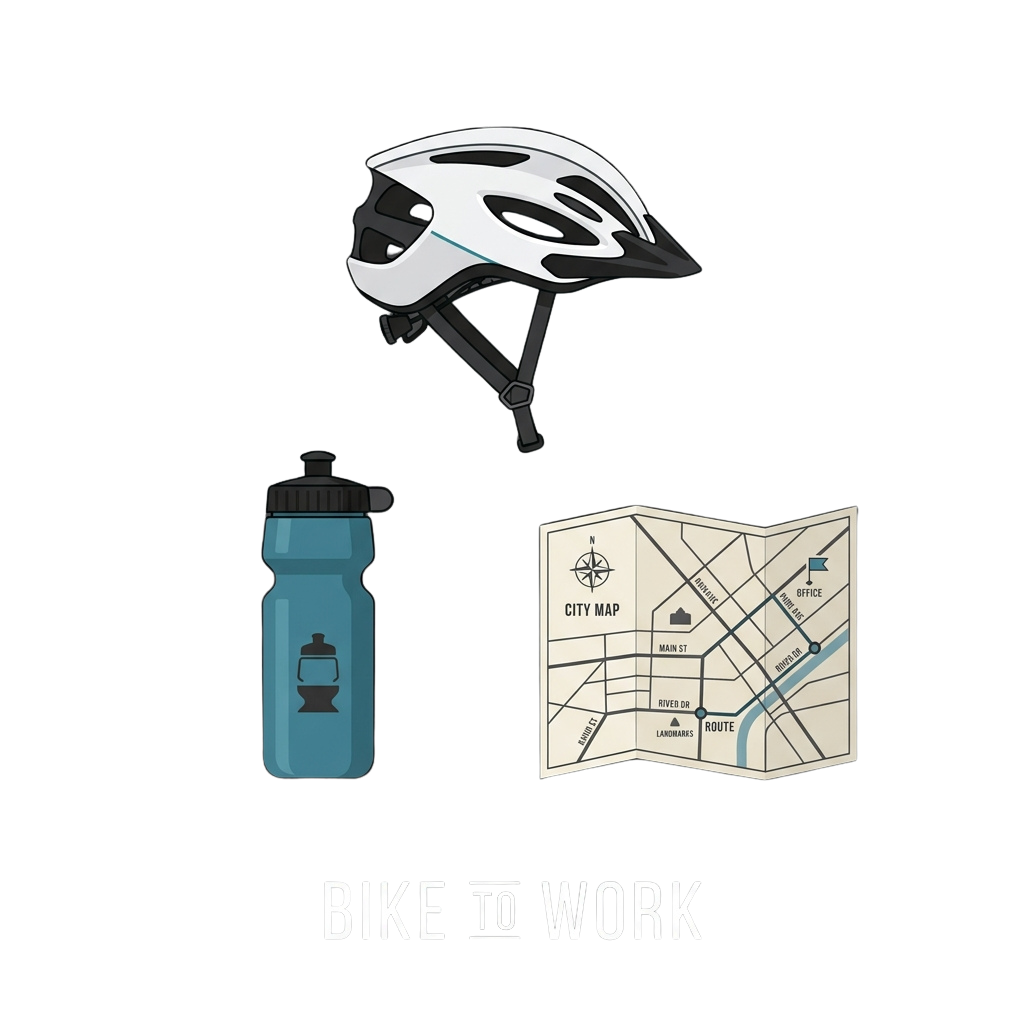 Bike helmet, water bottle, and city map with bike route highlighted, promoting biking to work