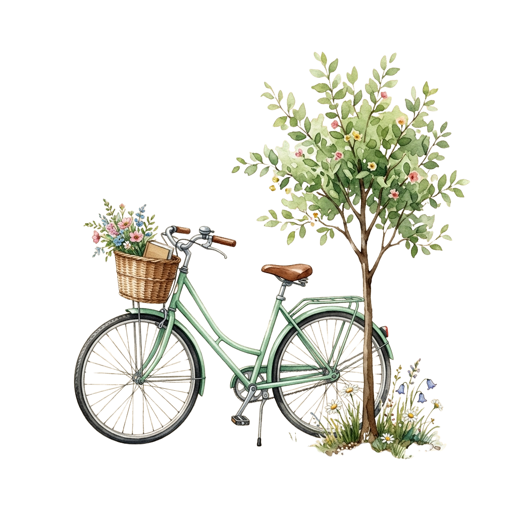 A vintage green bicycle with a wicker basket filled with flowers parked next to a small flowering tree and plants