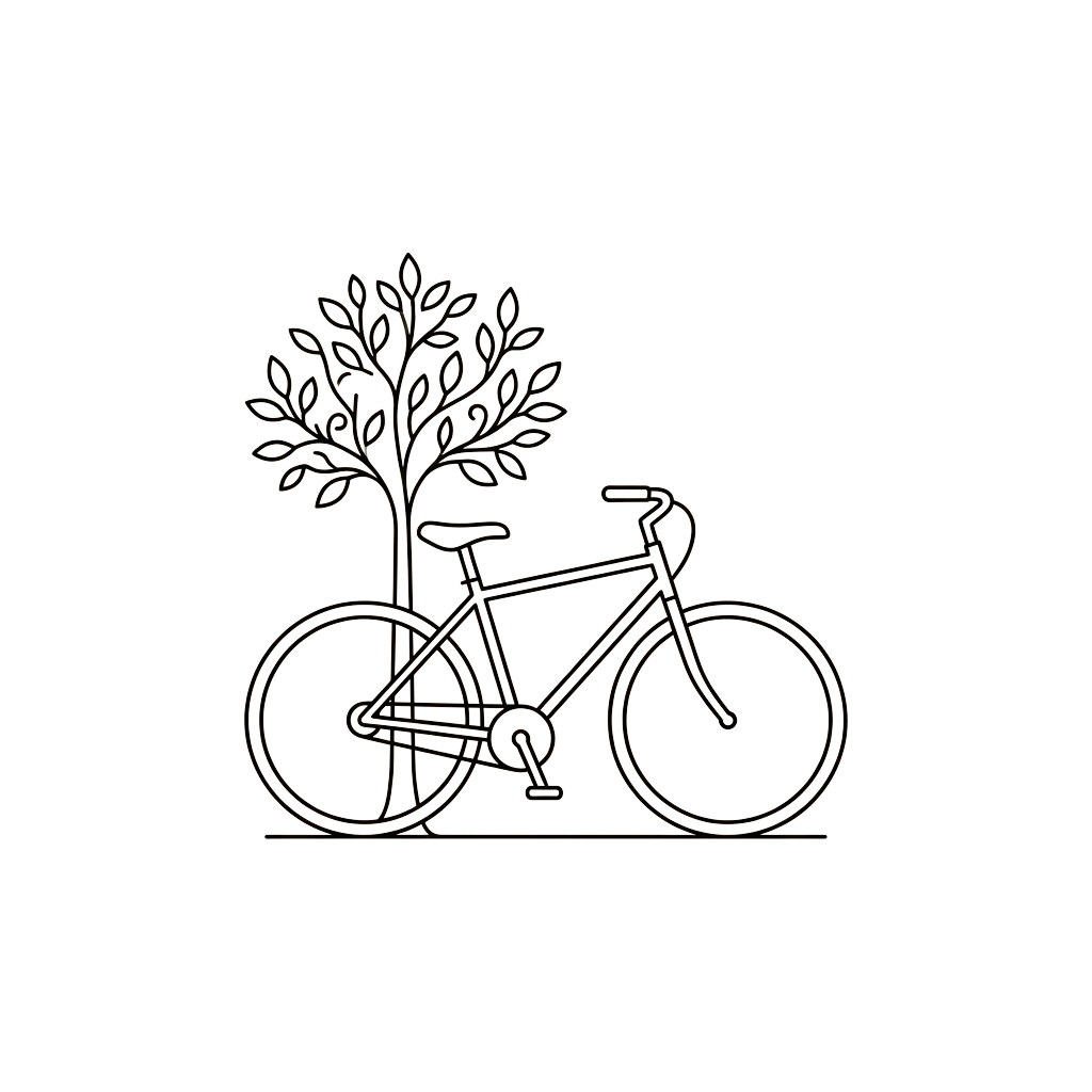 A bicycle with a tree growing from its rear wheel in a minimalist line art style
