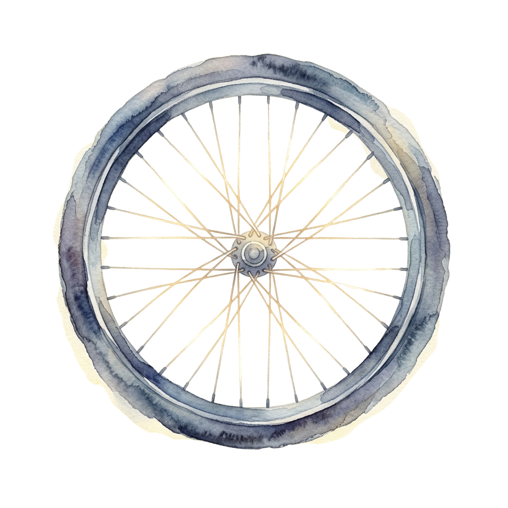 A watercolor illustration of a vintage-style bicycle wheel with metal spokes and hub.